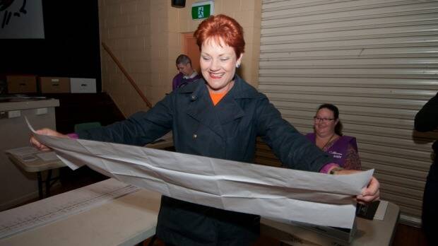 Pauline Hanson votes at Jamboree State School on Saturday. Photo: Robert Shakespeare