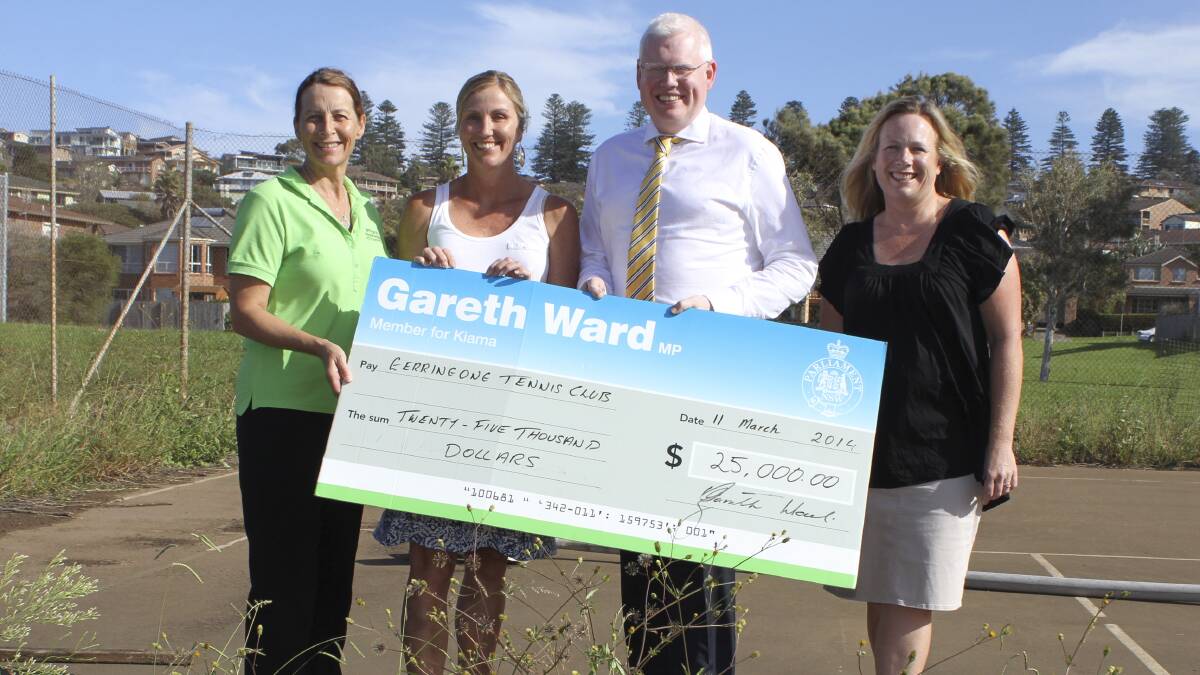 Member for Kiama Gareth Ward with Gerringong Tennis Club's secretary Judy Hunt, president Michelle Quine and treasurer Romy Speering at the soon-to-be-upgraded courts. Picture: DAVID HALL