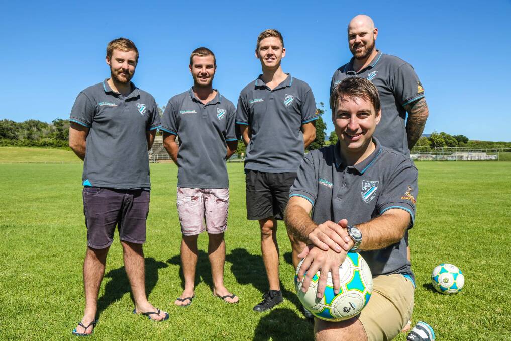 Players Mitch Spence, Dean Land, Jye Mark and Glenn Fisher with new Quarriers first grade coach James Spence last weekend. Picture: GEORGIA MATTS