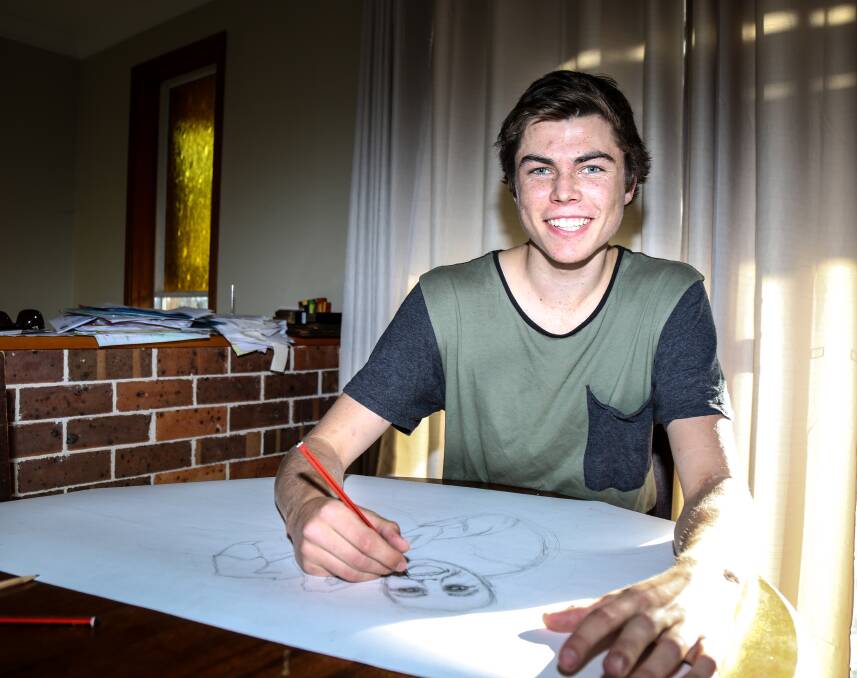 Gerringong teenager Lachlan Lee Hall displays his artistic wares. Picture: GEORGIA MATTS