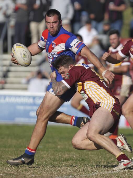 Gerringong hooker Nathan Ford looks for support during the Lions' 34-18 loss to Shellharbour. Picture: KIAMA PICTURE CO