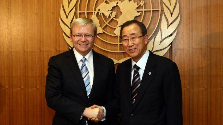 Kevin Rudd and UN secretary-general Ban Ki Moon at UN headquarters in New York last month. Photo: Trevor Collens