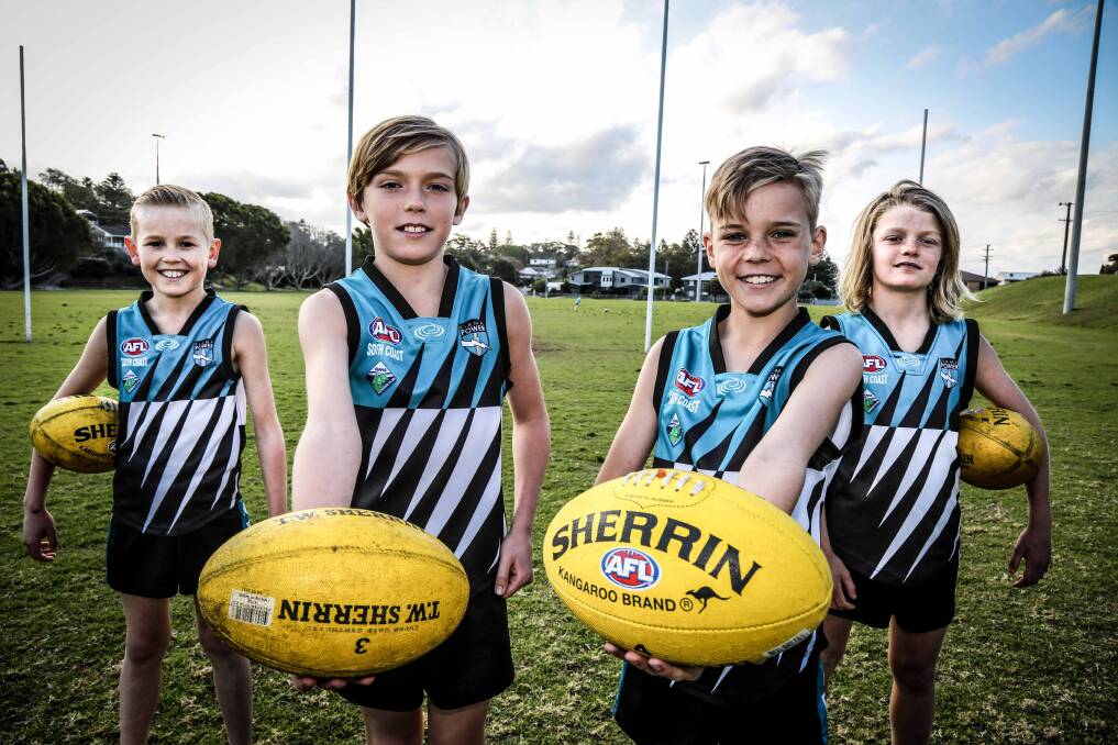 George Hicks, Quinn Abela, Cooper Richards and Cooper Browne from the Kiama Power AFL juniors have been selected for the Sydney Swans development camp. Picture: GEORGIA MATTS