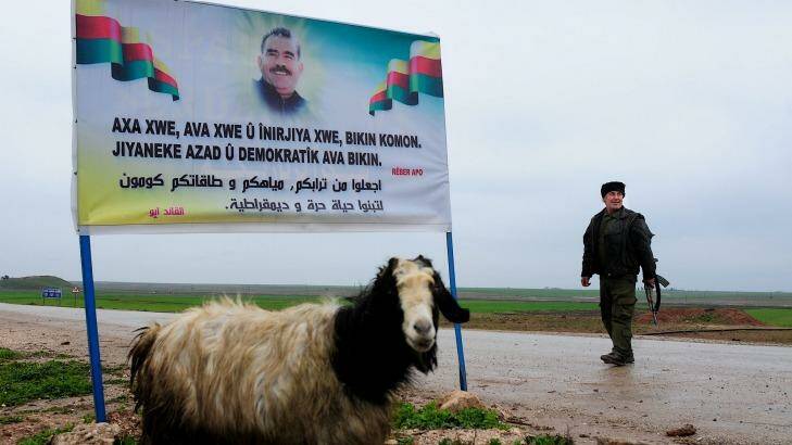 Banner featuring the image of jailed PKK leader Abdullah Ocalan.  Photo: Fadi Yeni Turk