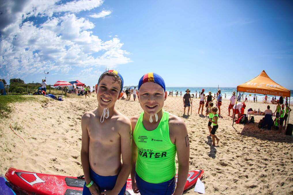Shellharbour Surf Club's Deakin Southern and Byron Vinkovic waiting to compete in their events at the Sydney Water carnival at North Shellharbour Beach on Saturday. Picture: GEORGIA MATTS