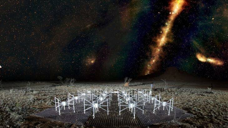 A 'radio colour' view of the sky taken from the GLEAM survey above a section of the Murchison Widefield Array radio telescope, located in outback Western Australia.  Photo: Curtin/ICRAR/JohnGoldsmith