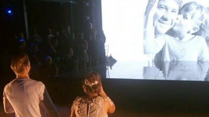 Bindi is surprised to find a photo of her late father appear on stage during her semi-final performance. Photo: DWTS/ABC