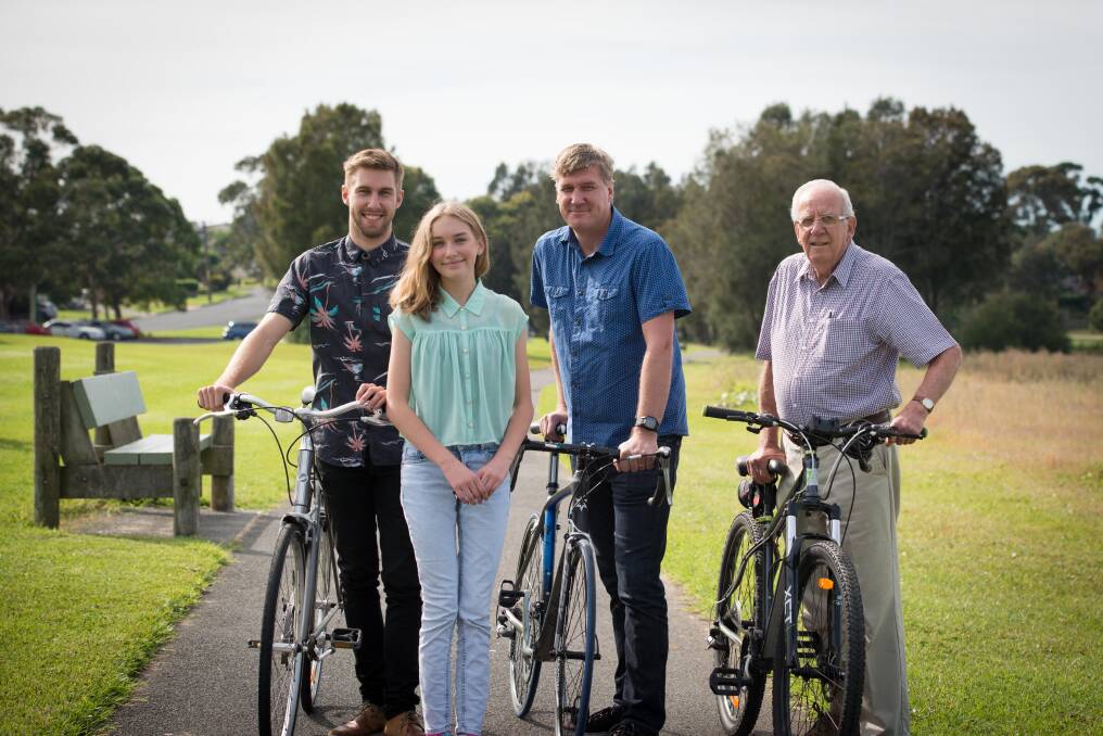 Three generations of the Bartlett family will take part in this year's Ride Around The Lake, with Sophie, 13, Jarrod, 22, Paul, 46, and Ted, 81, all participating. Picture: ALBEY BOND