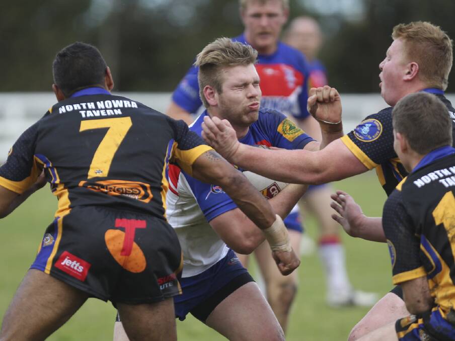 Gerringong Lions front-rower Tim Moore charges into the Nowra-Bomaderry defence during his side's heart-breaking 22-20 minor semi-final loss to the Jets on Saturday. Picture: KIAMA PICTURE CO