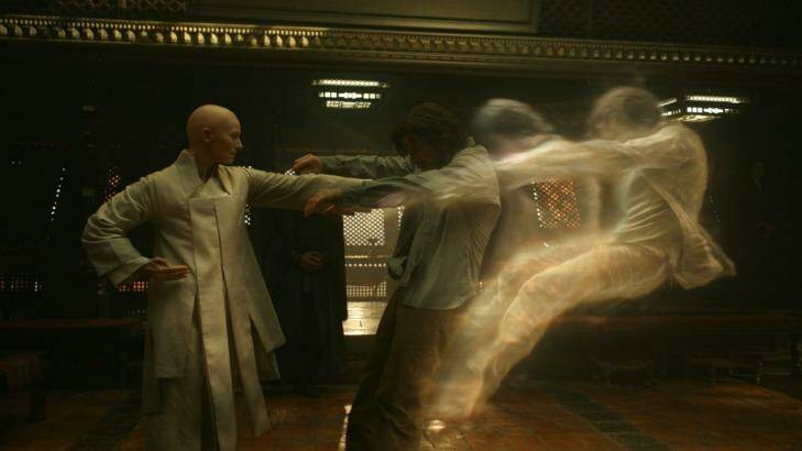 The Ancient One (Tilda Swinton) trains Doctor Stephen Strange (Benedict Cumberbatch) in Marvel's <i>Doctor Strange</i>. Photo: Marvel