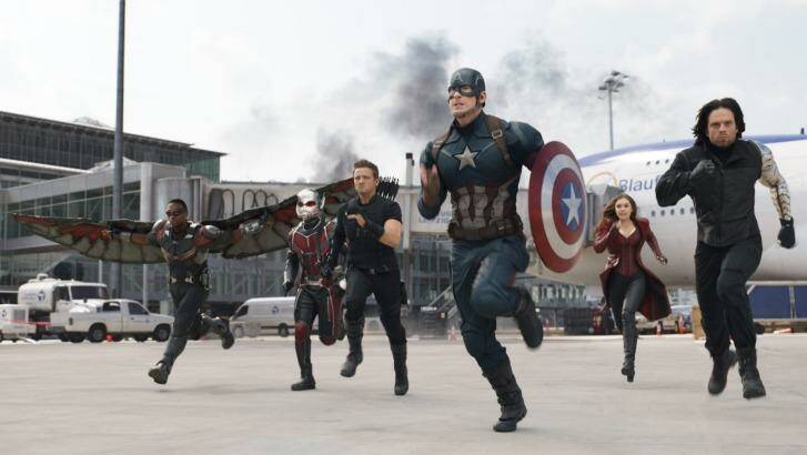 Team Cap: From left, Falcon (Anthony Mackie), Ant-Man (Paul Rudd), Hawkeye (Jeremy Renner), Captain America (Chris Evans), Scarlet Witch (Elizabeth Olsen) and Winter Soldier (Sebastian Stan) prepare to take on Team Iron Man. Photo: Supplied