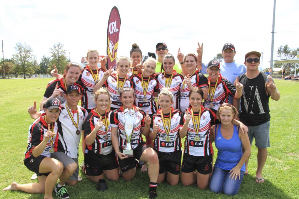 The Kiama Knights Women's League Tag side celebrates after winning the inaugural CRL League Tag Premiers' Challenge in Scone, beating North Tamworth 16-6 in the qualifying final and the strong Leeton Galloping Greens in the final. Picture: LAUREN SPARKE/CRL
