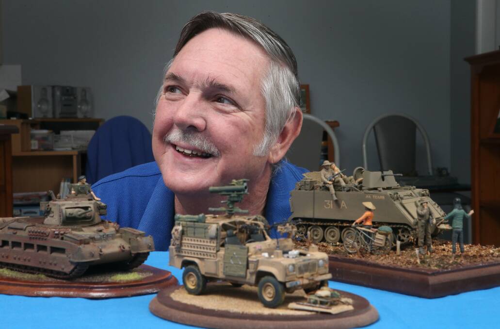 Illawarra Plastic Modellers Association president Patrick Brady with some of the models which will feature at the NSW Scale Model Competition andExpo in Berkeley on May 2-3. Picture: KIRK GILMOUR