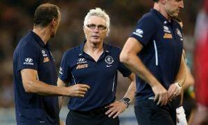 Mick Malthouse confronted a senior umpire about a costly and contentious free kick he had awarded in 2013 against the Blues. Photo: Pat Scala