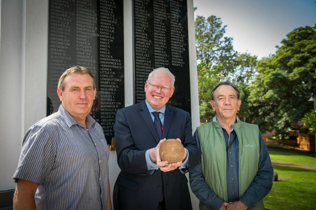 The Kiama-Jamberoo RSL has had a dead man's penny donated to them, which belonged to a man listed on the Arch/remembrance wall. They were given to everyone killed in action in World War I. Pictured are Kiama MP Gareth Ward (centre) with the RSL's Dennis Seage (left), and Ian Pullar. Picture: ALBEY BOND
