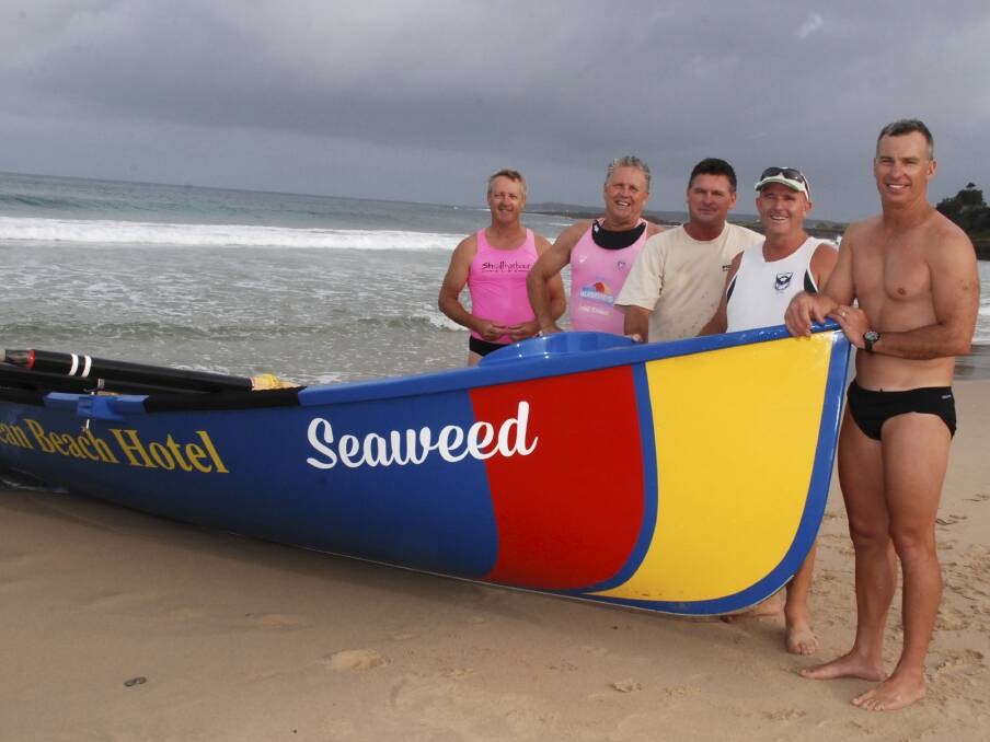 Shellharbour Surf Life Saving Club senior boat crew David Robson, Steve Burton, Mark Bartlett, Sandy Rose and Evan Westlake are looking forward to their club hosting the Navy Australian Surf Rowers League national titles this weekend.Picture: DAVID HALL
