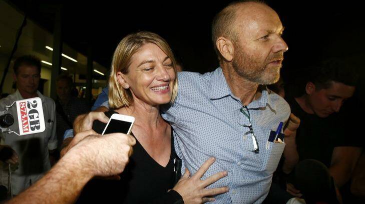 60 Minutes presenter Tara Brown and former producer Stephen Rice on their return to Sydney after being released from a Lebanon jail.  Photo: Daniel Munoz