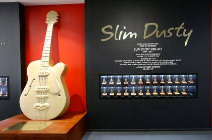 Golden guitar awards are on display at  The Slim Dusty Centre in Kempsey.  Photo: Daniel Scott