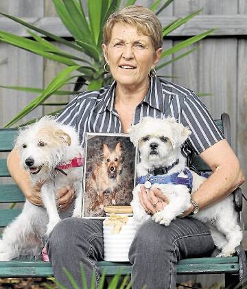 Helen Stewart with her dogs Molly and Keira, and an urn containing the ashes of Pepper. Picture: GREG TOTMAN