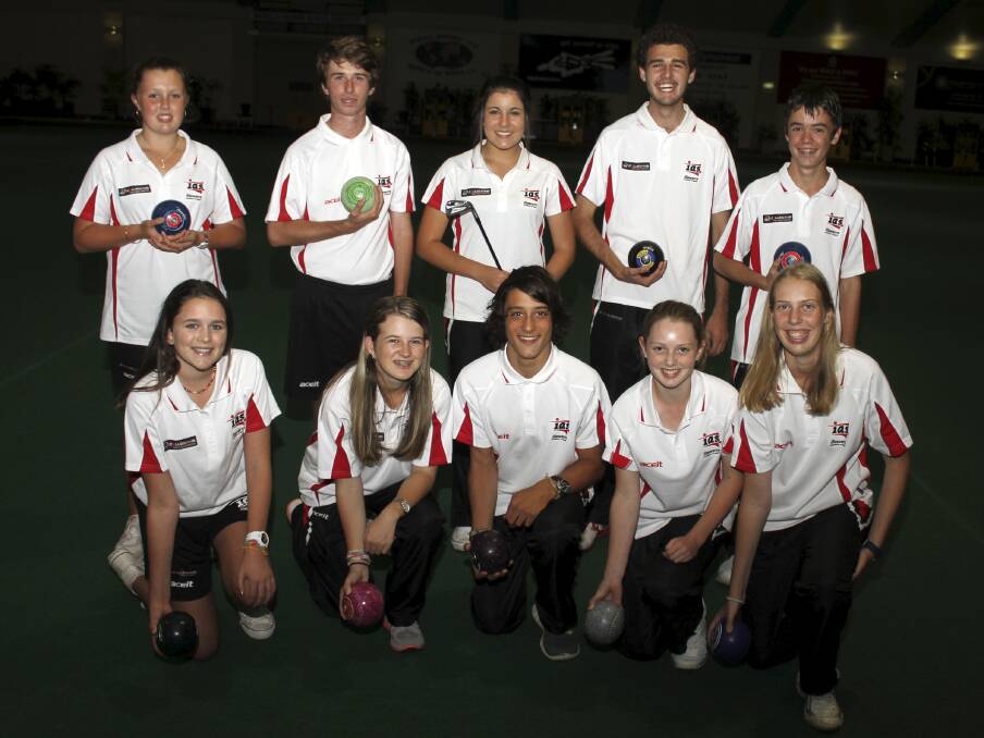 Illawarra Academy of Sport athletes Danielle Vasques (centre back) from the golf program and lawn bowlers (back) Jessie Bonham, Danyon Christie, Tobias Smith, Perry Arnell, (front) Chloe Keziel, Courtney Sopher, Jayden Tzortzis, Kayleigh Darlington and Brooke Johnston at Warilla Bowls and Recreation Club. Picture: DAVID HALL