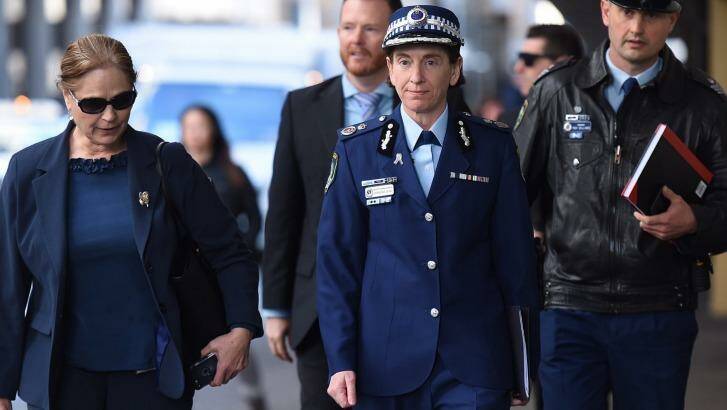 NSW Police Deputy Commissioner Catherine Burn (second from right) arrives at the Lindt cafe siege inquest on Tuesday. Photo: Kate Geraghty