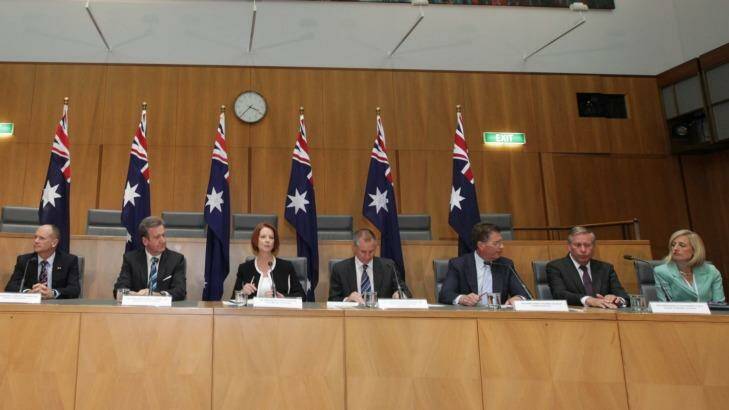 The Council of Australian Government (COAG) meeting in 2012 where Katy Gallagher took on Campbell Newman. Photo: Alex Ellinghausen