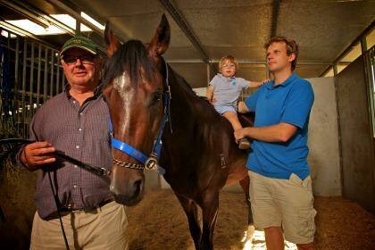 Three generations of the Baker family with one of their horses, It's a Dundeel at Warwick Farm Racecourse stables. Murray (cap) with son, Bjorn and grandson, Sven. SPORT photo: Marco Del Grande on 29th. March 2013 Photo: Marco Del Grande MDG
