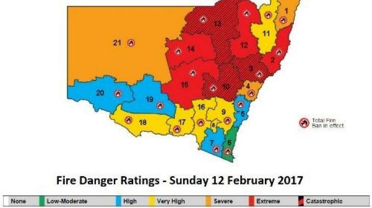 Red alert: An upgraded fire warning for NSW released by the Rural Fire Service on Sunday. Photo: Michael Evans