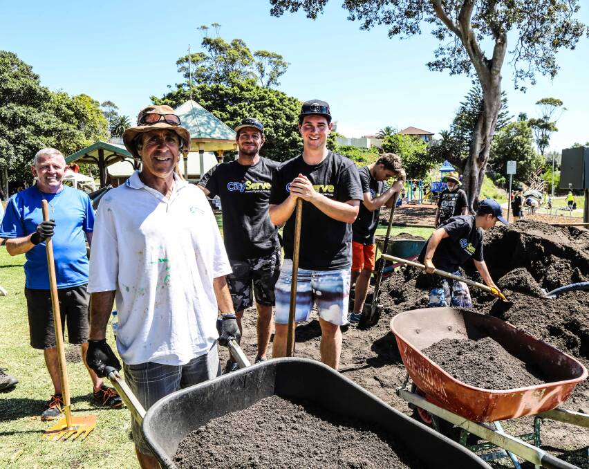 Dennis Caligari, Marty Daniels, Josh Taylor, Vic Joukador and Josiah Cook taking part in the Council and community project garden day. Picture: GEORGIA MATTS