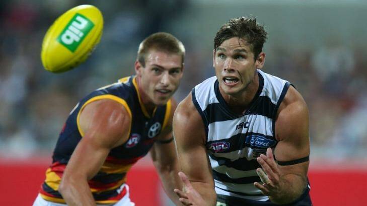 Geelong forward Tom Hawkins in action in the opening round clash against The Adelaide Crows. Photo: Pat Scala