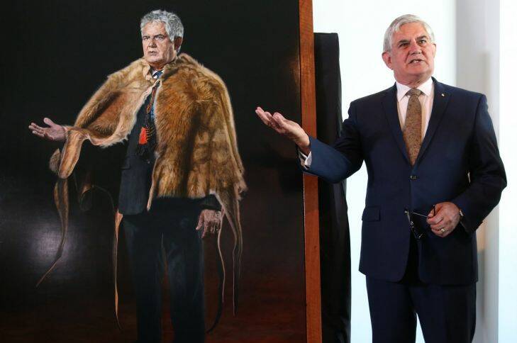 Prime Minister Malcolm Turnbull and Minister Ken Wyatt unveiled a portrait of Ken Wyatt the first indigenous MP in the House of Representatives by artist Mary Moore at Parliament House in Canberra on Monday 29 May 2017. Photo: Andrew Meares 
