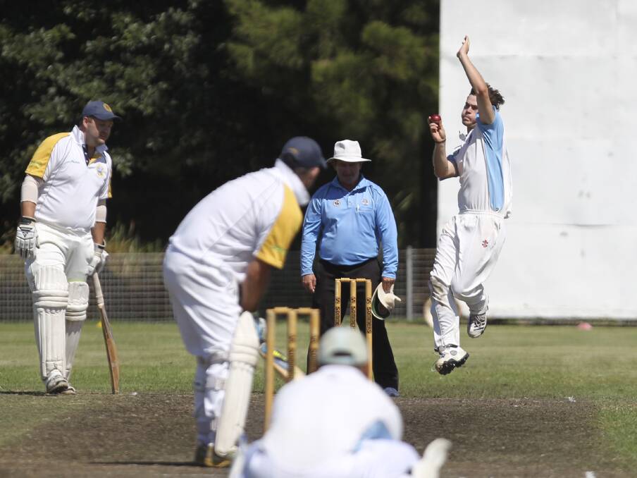 Oak Flats pace bowler Joel Gray lets one fly during his side's impressive win over Lake Illawarra at Howard Fowles Oval last weekend. Picture: DAVID HALL