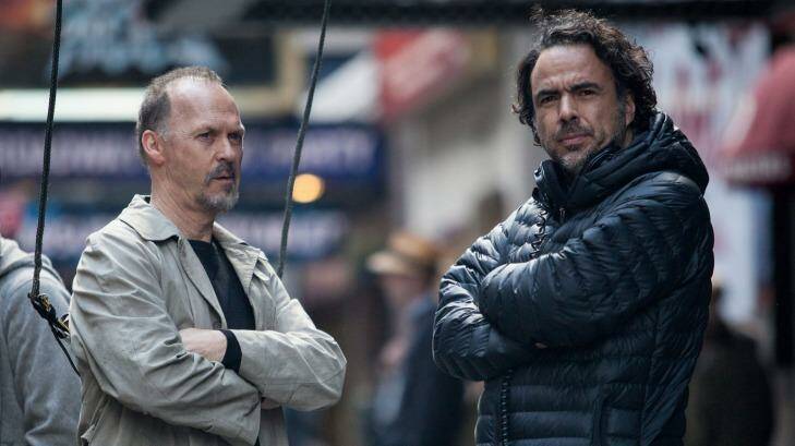 Michael Keaton and Alejandro Gonzalez Inarritu on the set of <i>Birdman</i>, the favourite for Best Picture. Photo: Supplied