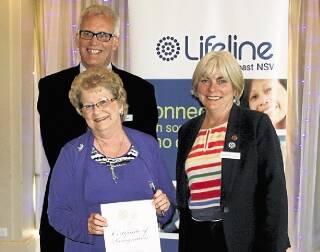 Lifeline South Coast executive director Grahame Gould, Lifeline Kiama shop volunteer Edna Campbell and Lifeline Australia chief executive Jane Hayden.