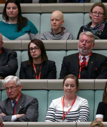 Bruce and Denise Morcombe are welcomed to question time by Speaker Bronwyn Bishop during their visit in July. Photo: Alex Ellinghausen