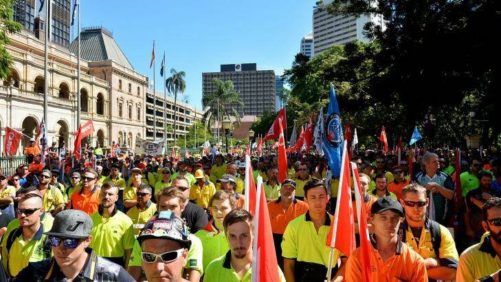 In April, workers and union members protested in Brisbane for workers rights and the treatment of victims of black lung disease. Photo: Bradley Kanaris