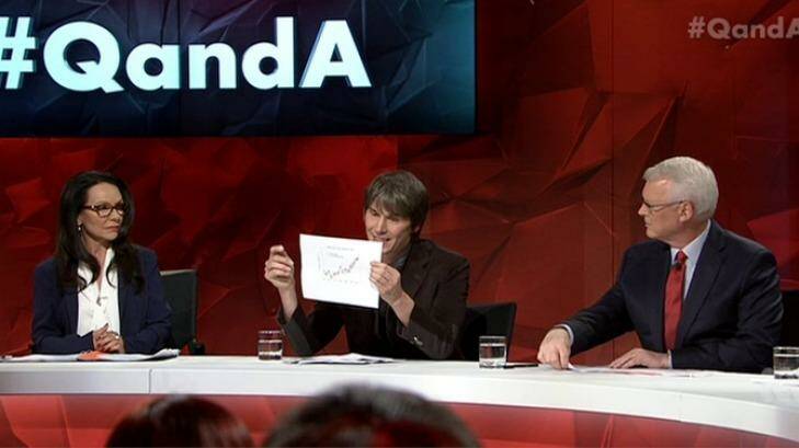 Physicist Brian Cox, centre, does his best to explain why climate change is a reality on <i>Q&A</i> as Linda Burney, left, and host Tony Jones look on. Photo: ABC