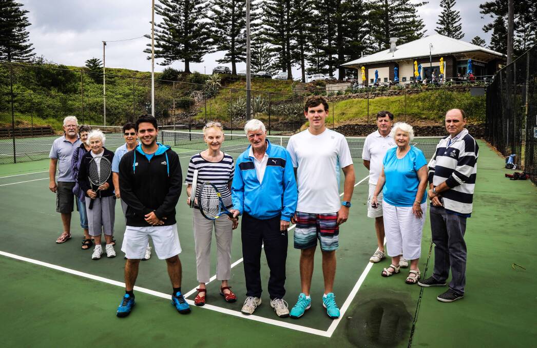 Assistant coach Matthew Terentis, presidents Bob Morgan and Jeannette Horrocks and assistant coach Bjorn Ihgers with Kiama Tennis Club members. Picture: GEORGIA MATTS