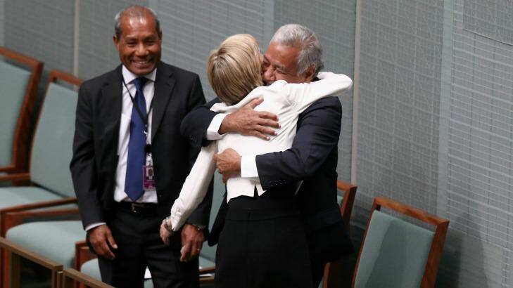 Foreign Affairs Minister Julie Bishop embraces Xanana Gusmao, the former prime minister of East Timor, in Parliament House on Monday.  Photo: Alex Ellinghausen