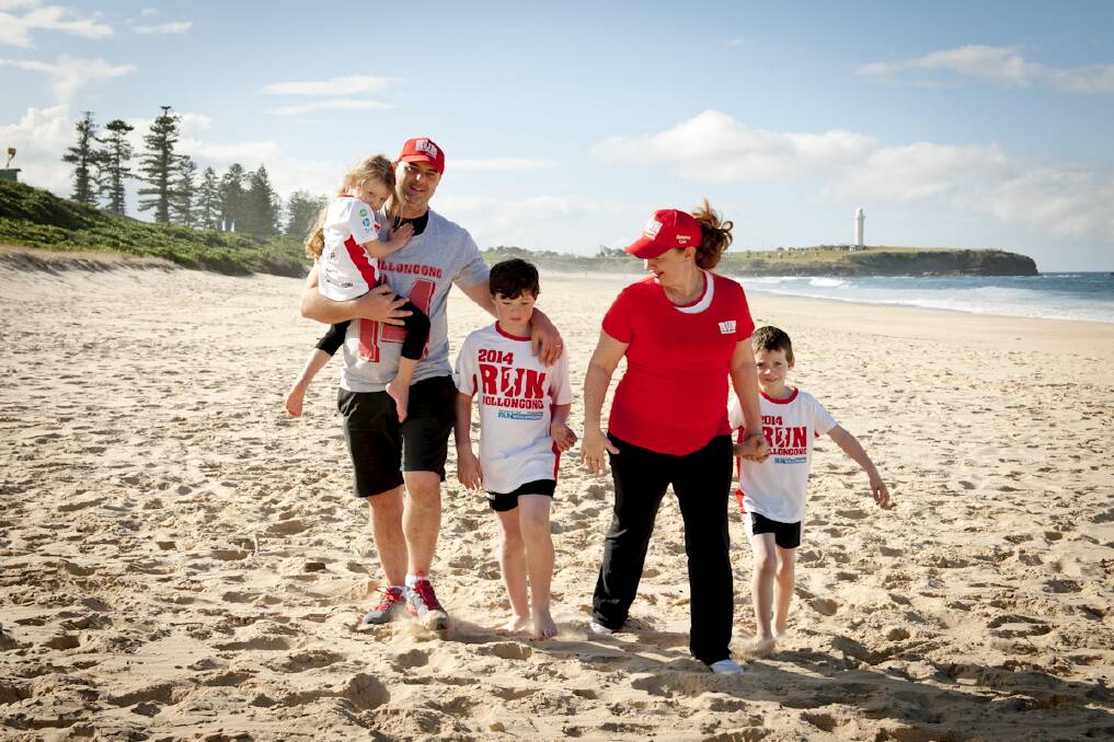Kiama's Andrew and Maria Chatfield with their children, Somerset, 4, Fletcher, 9, and Elliott, 7, who are ambassadors for this year's Run Wollongong fund-raiser.