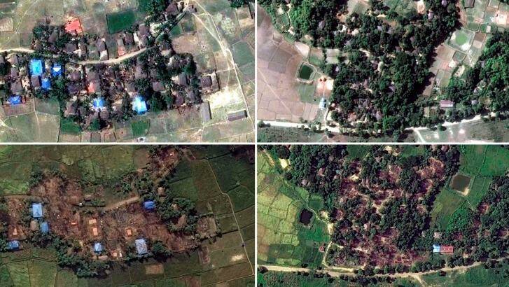 Two villages in Rakhine state, Myanmar, before and after they were destroyed: Kyet Yoe Pyin is shown at left in March and November  2016, and Wa Peik in 2014 and November 2016. Photo: Human Rights Watch/New York Times