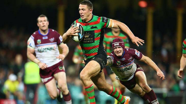 Rabbit on the rampage ... Sam Burgess on the attack against Manly.