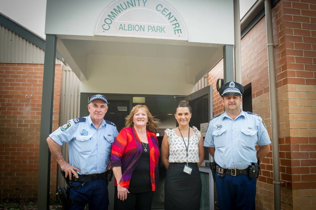 Shellharbour City Council and Lake Illawarra Police will conduct their next community safety pop-up meeting on April 17. Pictured are Senior Constable Mark Scott, Shellharbour Mayor Marianne Saliba, council community safety officer Meegan Martinez Smith and Sergeant Jason Harrison. Picture: ALBEY BOND