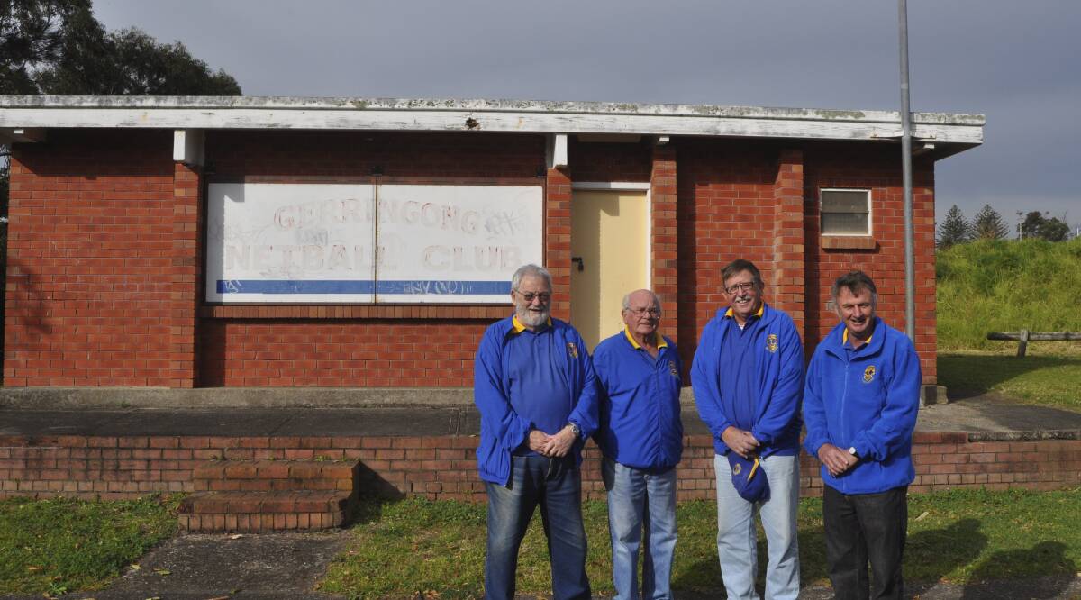 Gerringong Lions Club members James Doak, Bruce Ray, president Mark Westhoff and Ron Horner in front of the Gerringong Netball building that will be turned into the Gerringong Men's Shed. Picture: PHIL McCARROLL