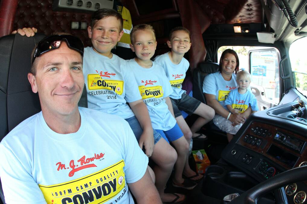Peter and Amanda Rennex and children Jaxon, 10, (left), Beau, 7, Noah, 8, and Scarlett, 1, will be taking part in their sixth i98FM Camp Quality Convoy on Sunday.Picture: GREG TOTMAN