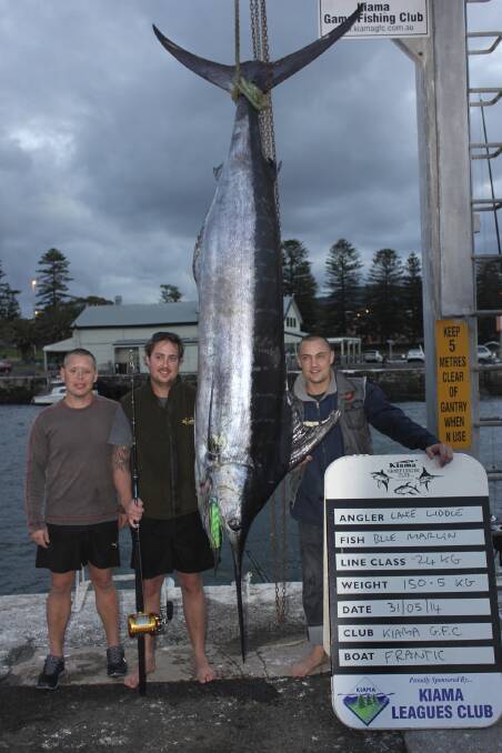 Steve Liddle, winner of the heaviest marlin at the Kiama Big Fish Classic, with the crew from Frantic.
