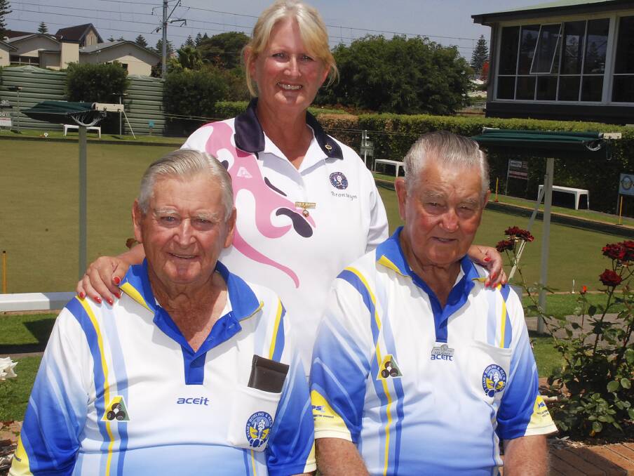 Family affair - Bronwyn Campbell with her father Trevor Jones and uncle Leslie Jones following their win in the Kiama Bowling Club's mixed triples. Picture: DAVID HALL
