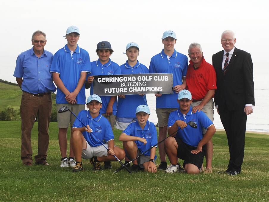Gerringong Golf Club president Geoff Manning, pennants team members Nathan Tiyce, Cameron Miller, Sam Matters, Manning Berry, junior co-ordinator Dean Matters, Member for Kiama Gareth Ward (front) players Luke Taylor, Perry Matters and Matt Luke at the presentation of the boy?s caps and shirts on Friday. Picture: DAVID HALLGong pennants.jpg