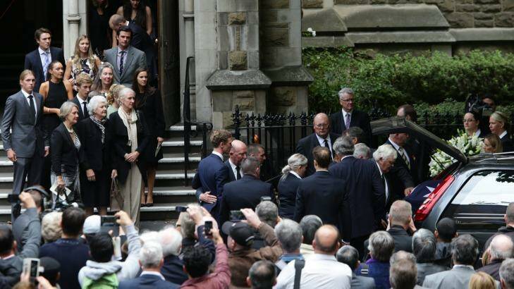Family members gather to commemorate former prime minister Malcolm Fraser at his state funeral. Photo: Jason South