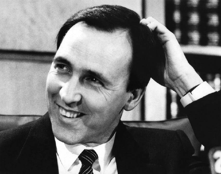 Labor politician & Federal Treasurer Paul Keating scratches his head as he announces the government will dump tax reform, 13 August 1985.
SMH Picture by DAVID BARTHO
portrait, headshot, politics, politician, ALP, Labor Party, smiling, mid-shot, laughing, black and white, black & white, 1980s, eighties Photo: David Bartho